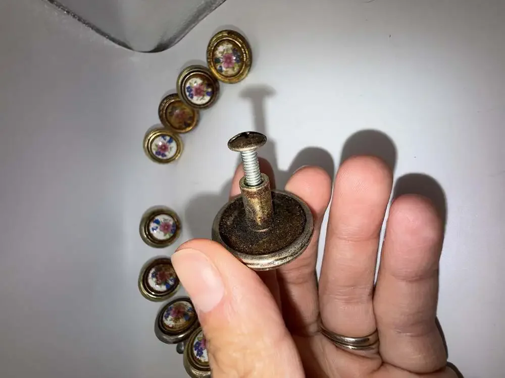 Set of 10 Vintage Porcelain Floral Cabinet Drawer Knobs with Brass Hardware